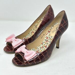 Jeffrey Campbell Womens Shoes 7 Brown Croc Peep Toe Heels Pink Bow Pinup Retro